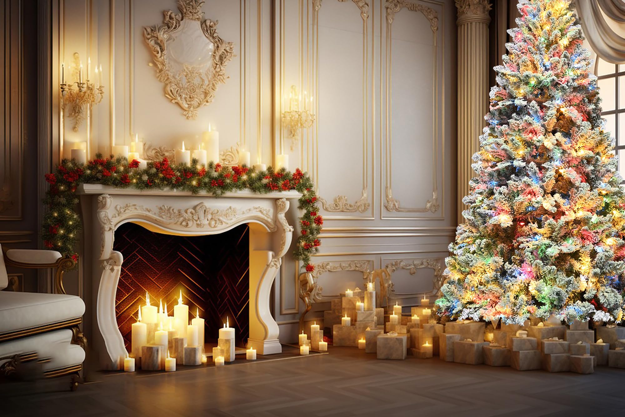 7FT Pre-Lit Christmas Tree with 500 Multicolor Lights, Realistic Snow Flocked Artificial Pine Trees with Pine Cones & Premium PVC, Sturdy Foldable Metal Stand, Easy Assembly Hinged Design