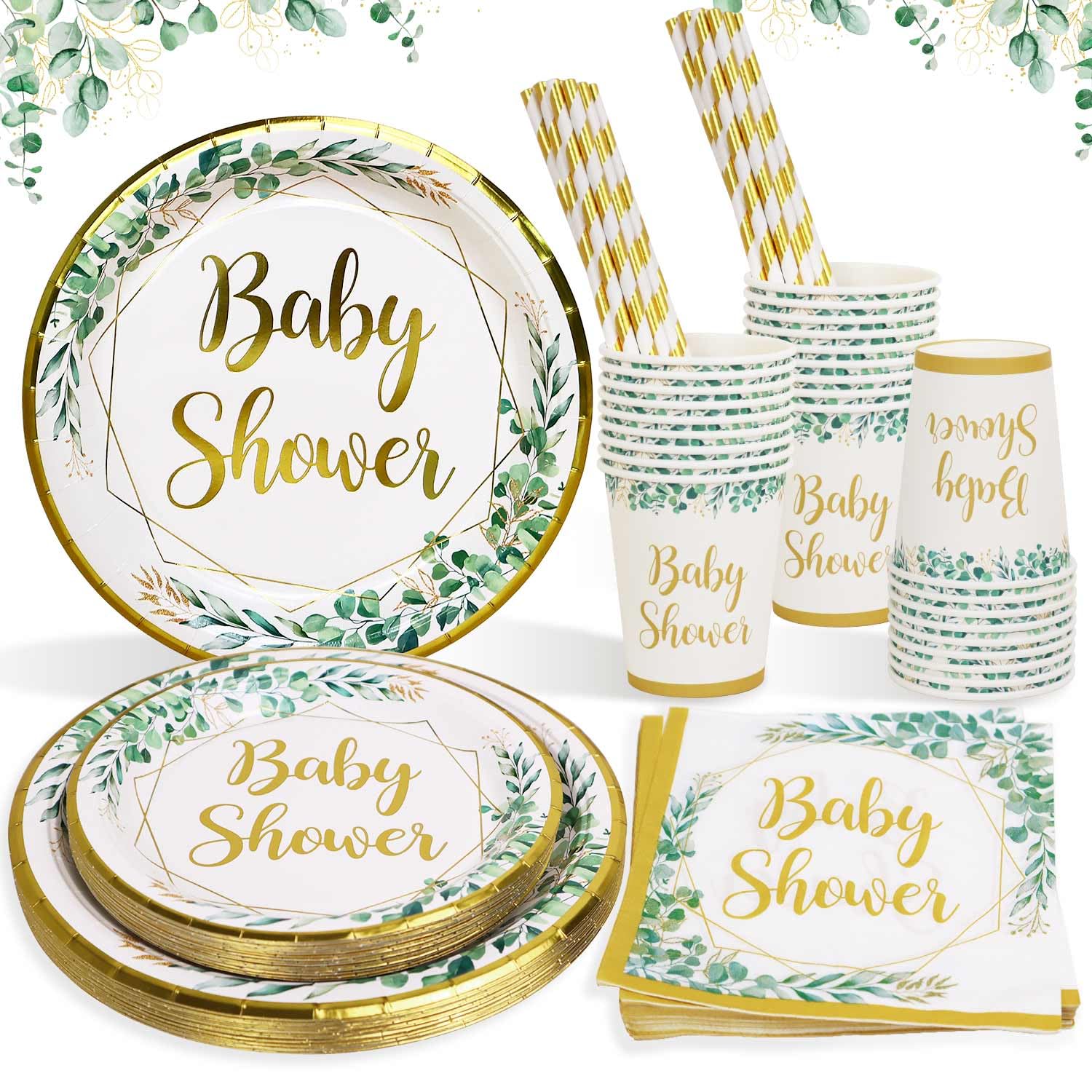 125Pcs Sage Green Baby Shower Decorations Neutral Tableware Set for 25 Guests, Gold Stamping Baby Shower Plates Cups and Napkins Straws for Welcome Newborn Table Decorations