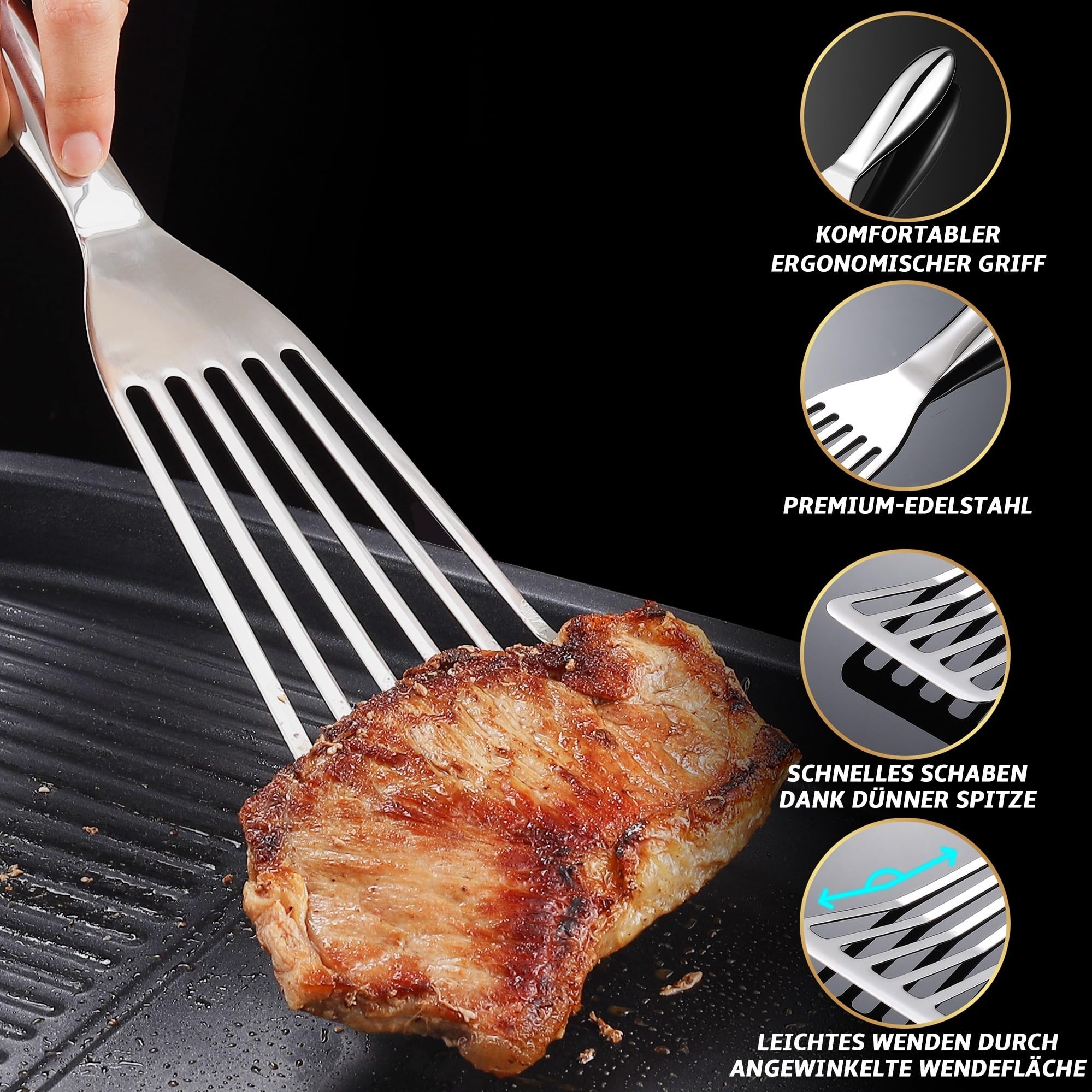 Pfannenwender Set aus rostfreiem Edelstahl für Fisch & Fleisch - Kleiner & Großer Pfannkuchenwender - Pfannenwender Edelstahl - Küchenhelfer 5 Jahre Ersatz 2