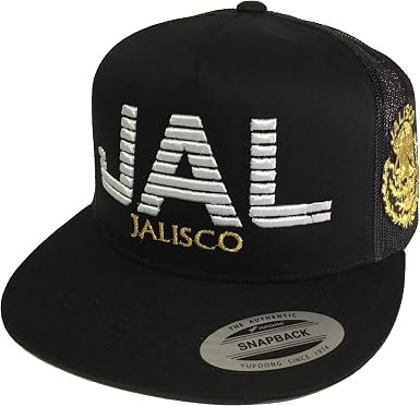 JAL} LOGO FEDERAL ALL SILVER 2 LOGOS HAT RED BLACK TRUCKER JALISCO
