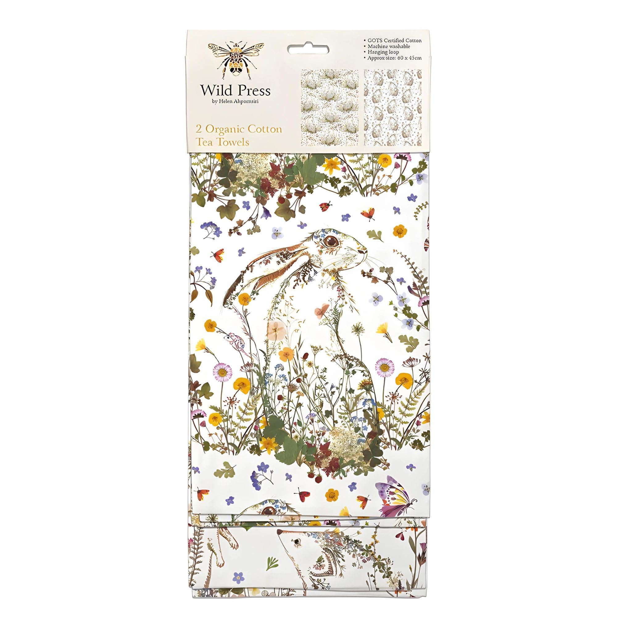 Museums & Galleries Tea Towels - Organic Cotton - Pressed Flowers Wildflower Hare and Hedgehogs by Helen Ahpornsiri - Set of 2 - Stylish Home Accessory