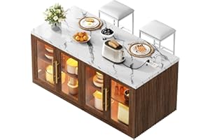 Homiflex Kitchen Island with Storage, 57" W Large Island Table with Seating/LED Light for Dining Room, Kitchen Carts on Wheels Breakfast Bar Table w/Power Outlet, Walnut