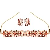 Touchstone Indian Bollywood Mughal Era Inspired Mesh Work Faux Pearls Ruby Studded Look Designer Choker Necklace Set Jewelry In Gold Tone For Women