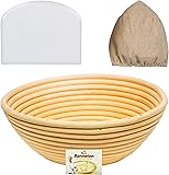 9 inch Banneton Proofing Basket Set - for Professional & Home Bakers (Sourdough Recipe) Bowl Scraper & Brotform Cloth Liner for Rising Round Crispy Crust Baked Bread Making Dough Shape Loaf Boules
