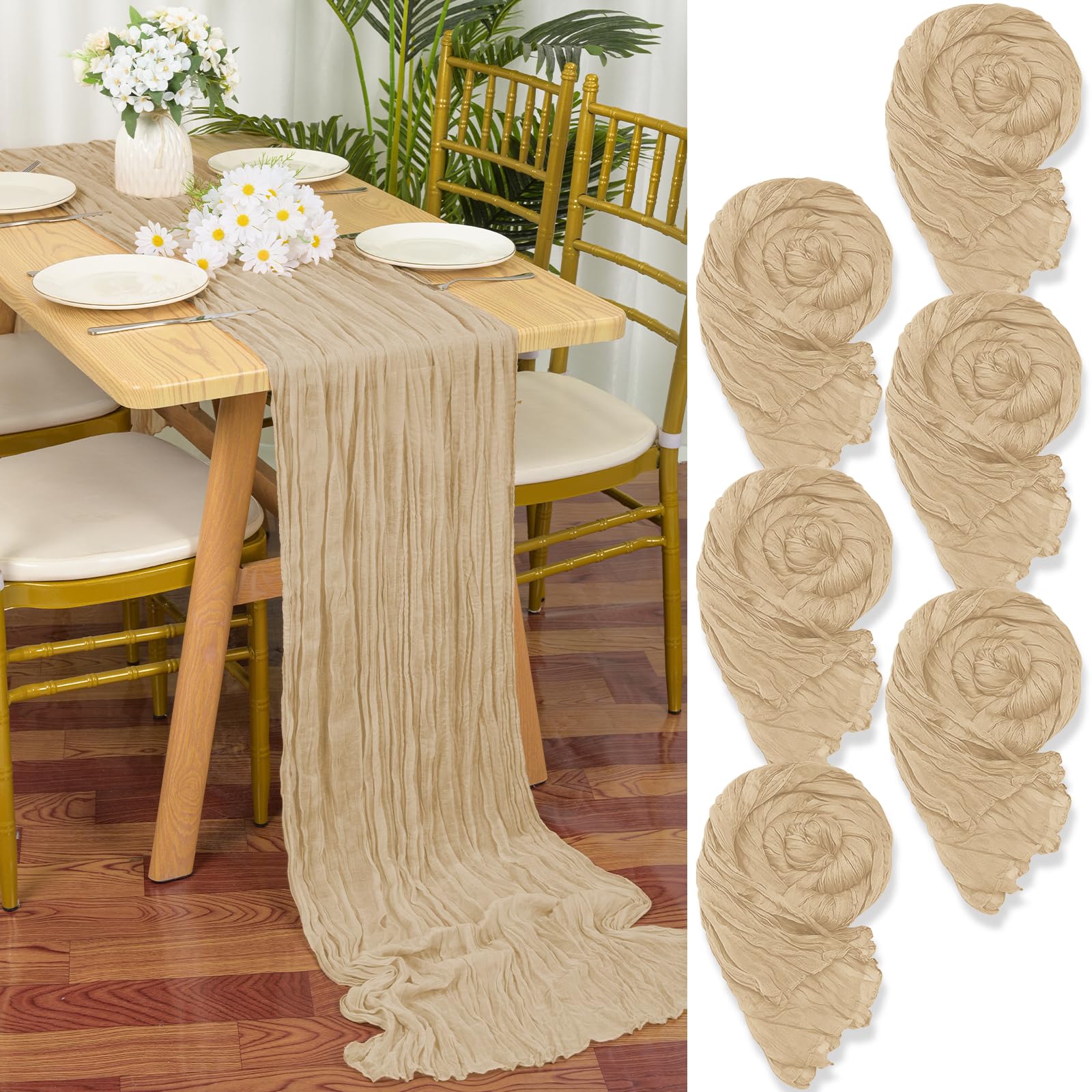 YMHPRIDE 6 Pack Cheesecloth Table Runner, Beige, 90x300cm Light Brown Rustic Gauze Fabric Boho Wedding Table Decor for Wedding Party and Bridal Shower