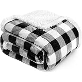 PAVILIA Black and White Buffalo Plaid Sherpa Throw Blanket for Couch Twin, Soft Fuzzy Flannel Blanket for Bed, Plush Checkered Fleece Blanket and Throws, Warm Thick Winter Blanket Gift, 60x80