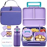 Bento Lunch Box for Kids with Thermos, Leakproof Bento Box with 8oz Insulated Food Jar, Insulated Bottle, Lunch Bag, BPA Free Dishwasher Safe 4 Compartment Container for School Girls Boys (Purple)