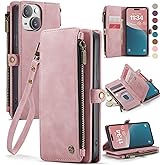 Defencase Compatible with iPhone 15 Case Wallet with RFID Blocking Card Holder for Women and Men, Fashion PU Leather Magnetic Snap Flip Zipper Strap Wallet Phone Case Fit for iPhone 15 6.1", Rose Pink
