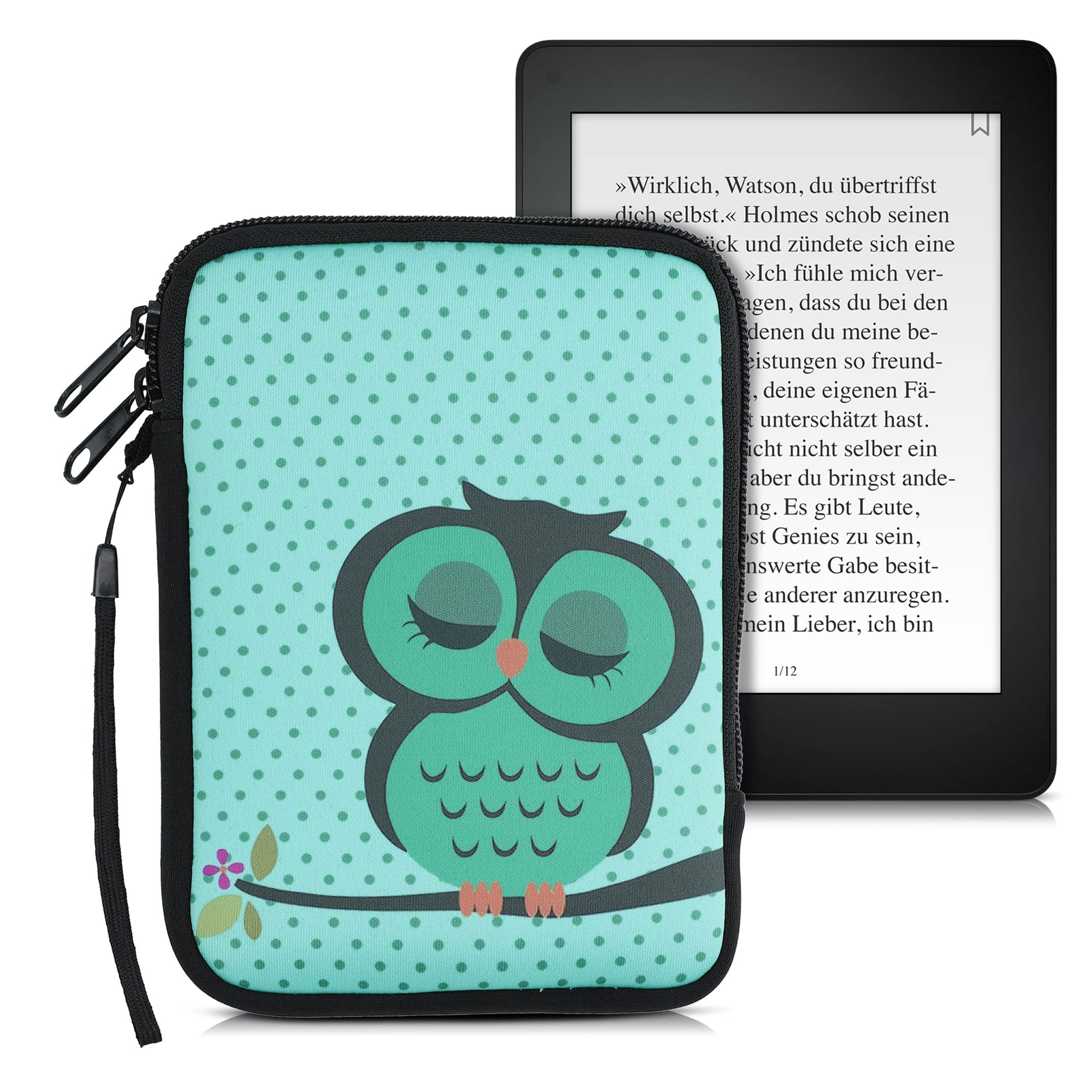 kwmobile Neoprene e-Reader Pouch Size 6" eReader - Universal eBook Sleeve Case with Zipper, Wrist Strap - Turquoise/Brown/Mint