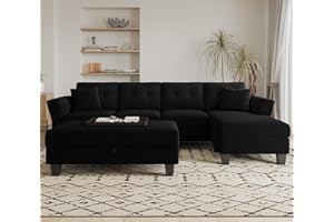 Belffin Velvet Balck Sectional Sofa Convertible L Shaped Couch with Reversible Storage Large Ottoman Chaise Sectional Sofa Living Room Furniture Black