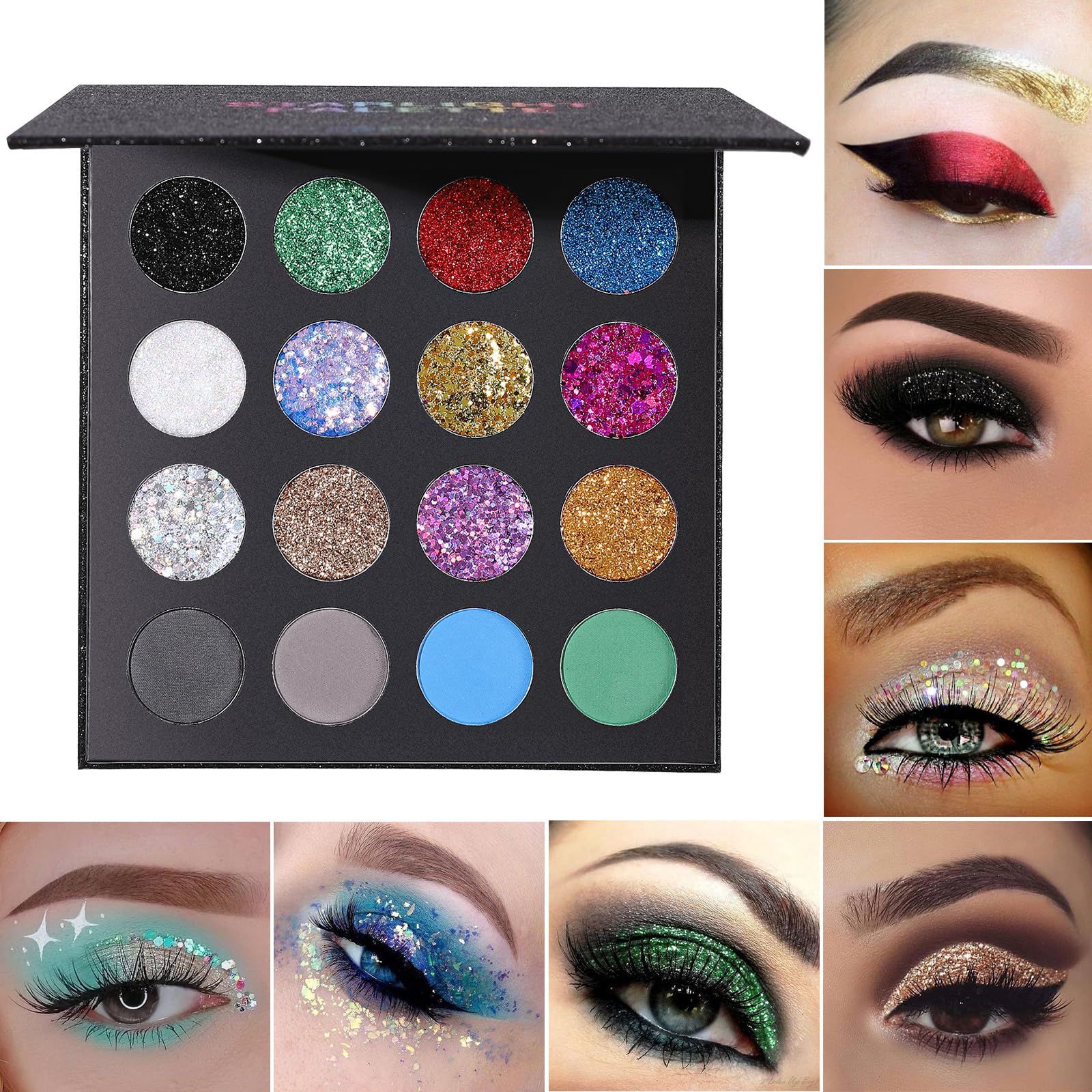 UCANBE Glitter Eyeshadow Makeup Palette - 12 Face Body Chunky & Fine Pressed Glitter + 4 Eye Shadow Powder Make Up Pallet for Theater Party Cosplay Halloween Christmas, Highly Pigmented Ultra Shimmer