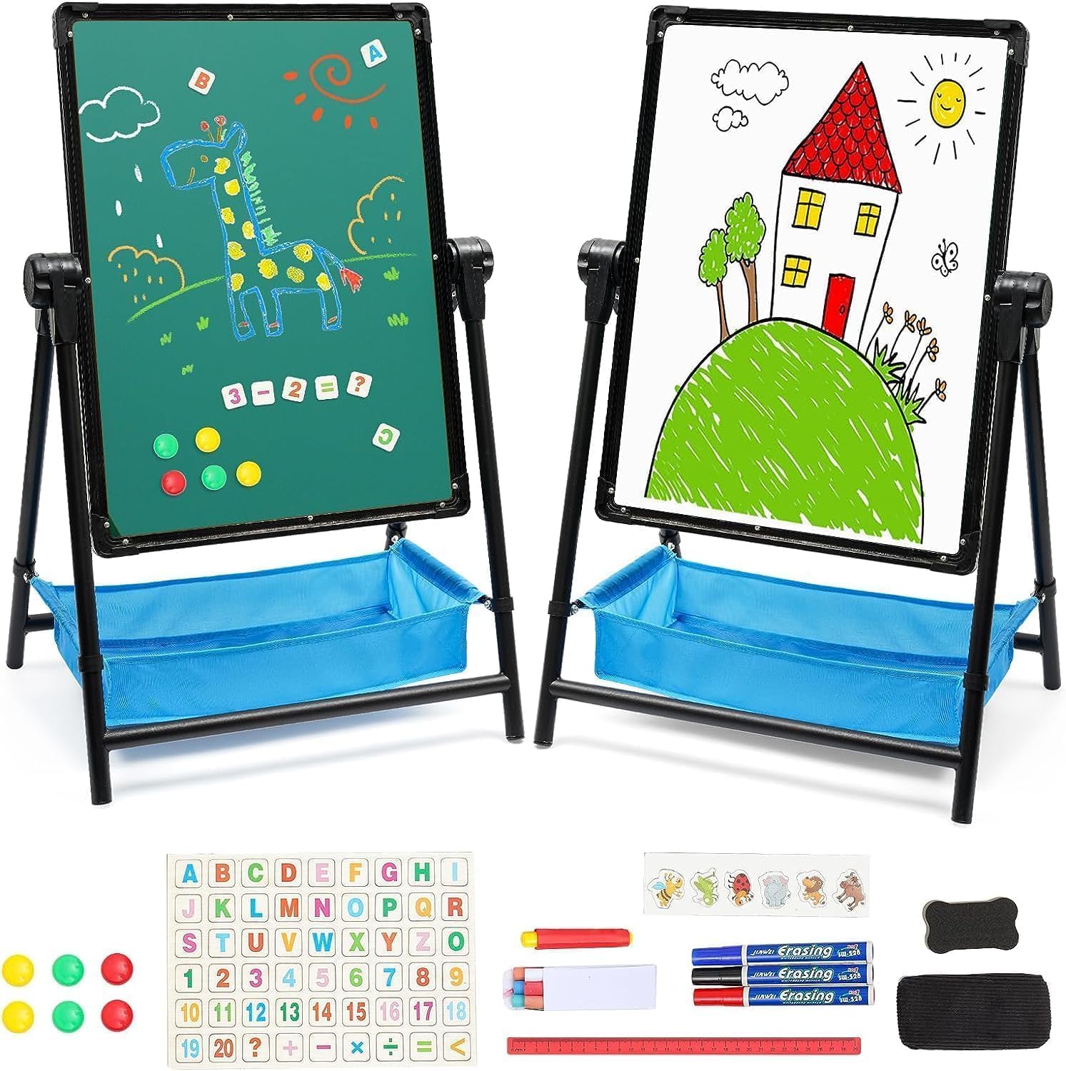 Kids Art Easel Double-Sided Whiteboard Chalkboard Iron Easel Height Adjustable Foldable Standing Easels 360° Rotating Painting Easels with Bonus Letters and Numbers Accessories(Black)