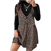 SOLY HUX Women's Plus Size Dress Set Leopard Print Overall Short Dress with Long Sleeve Fitted T Shirts Fall Outfits