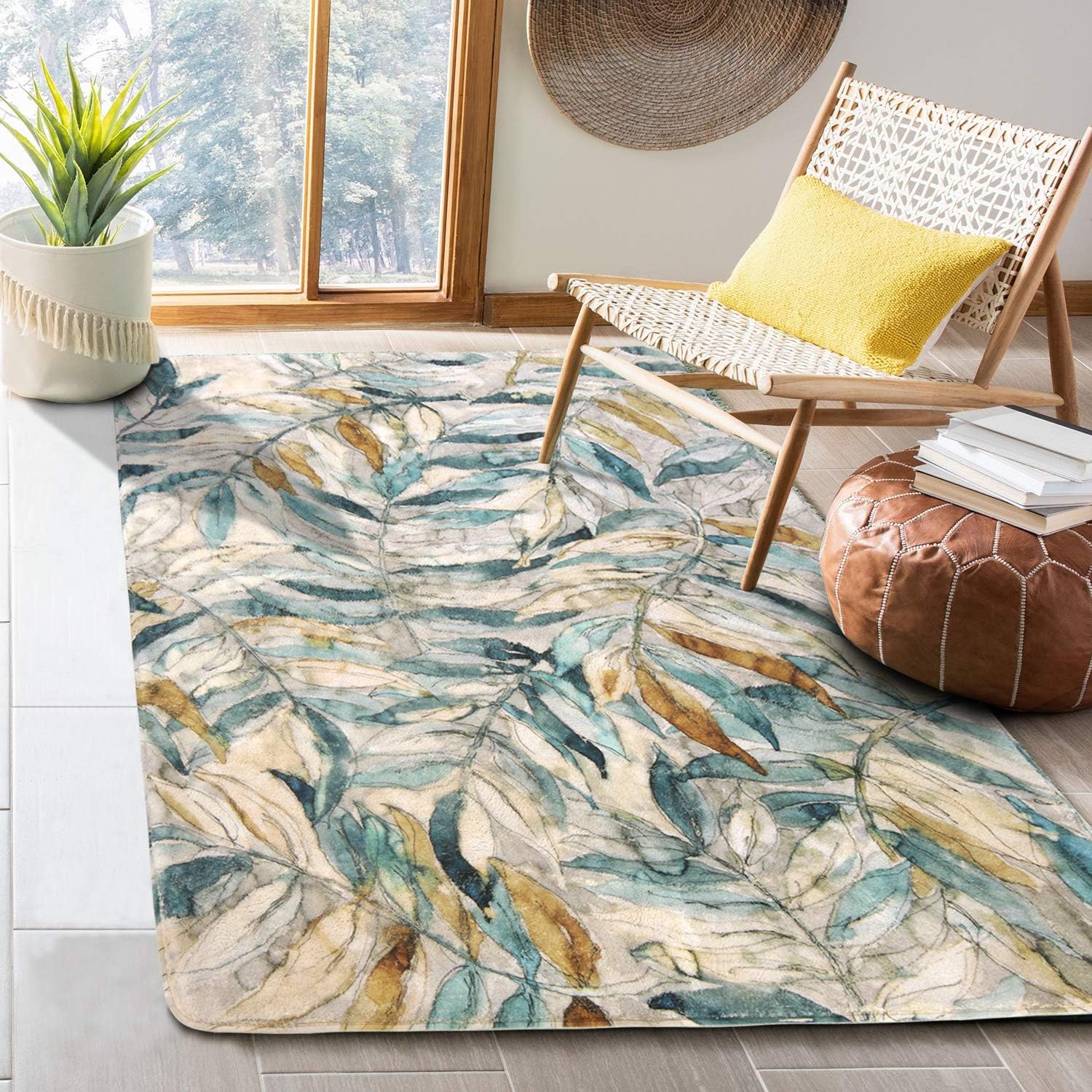 HAOCOO Leaves Area Rugs 4’x5.3’ Large Modern Country Style Throw Rugs Super Soft Velvet Non-Slip Accent Distressted Floor Carpet for Bedroom Living Room Nursery