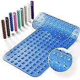 Krussier Non-Slip Bath Tub Mat, 39x16 Inch Extra Large Shower Mat with Drain Holes & Suction Cups, Machine Washable, Clear Blue