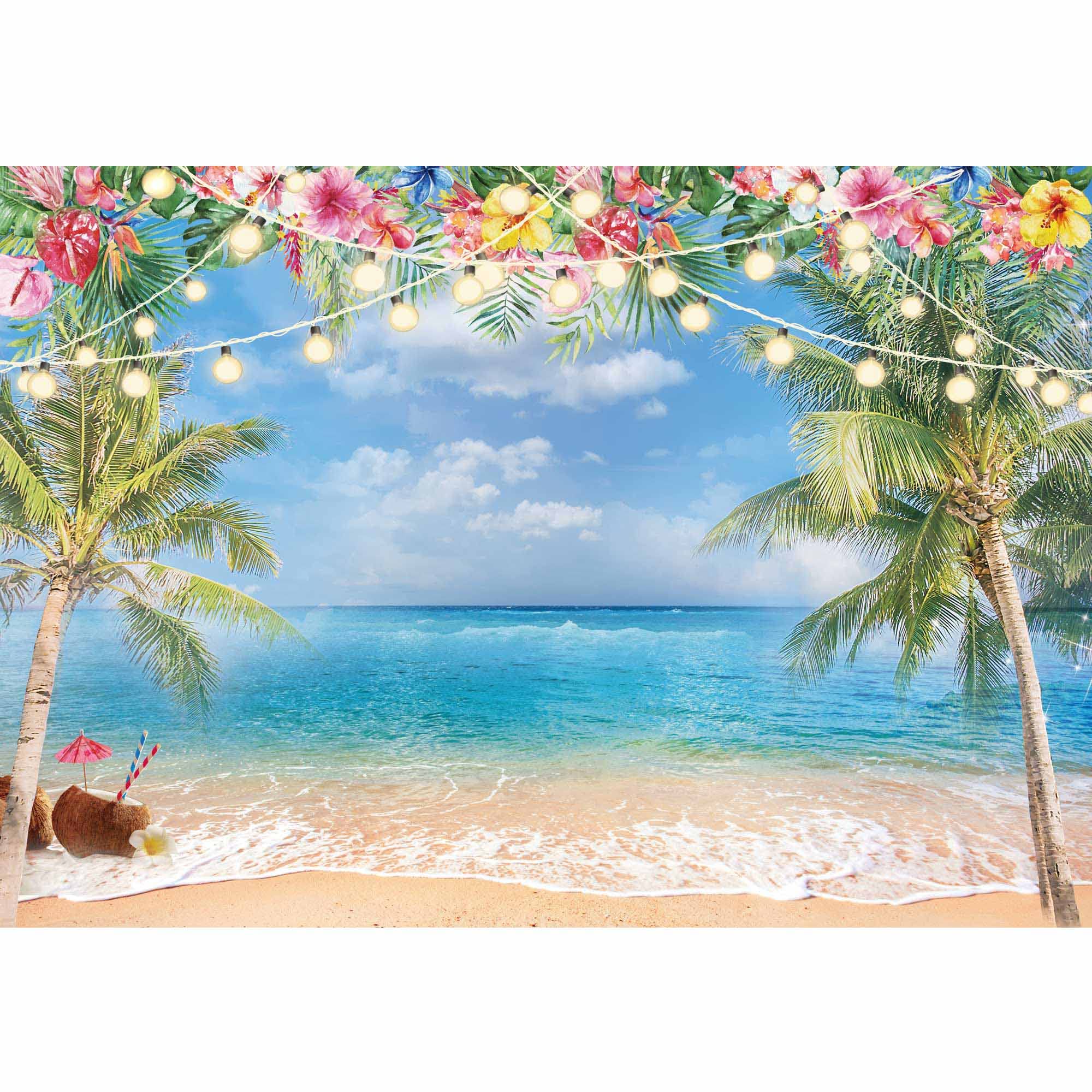 Photo 1 of Haboke 7x5ft Summer Hawaiian Beach Ocean Photography Backdrop Sky Seaside Tropical Palm Trees Luau Hawaiian Party Decorations Photoshoot Background Photo Banner Supplies