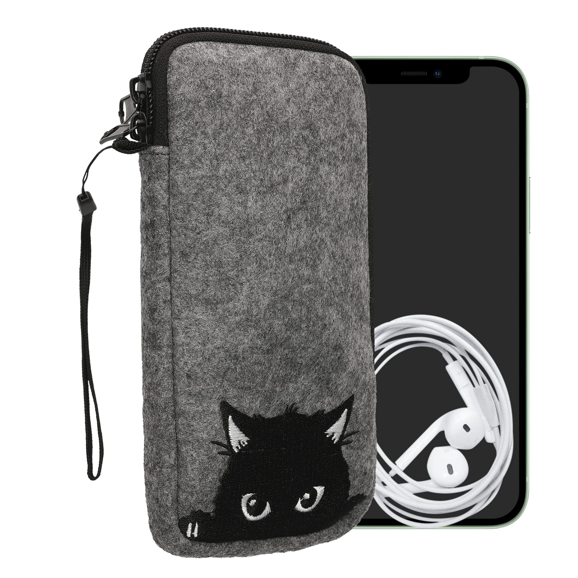 kwmobile Felt Phone Pouch Size XXL - 7" - Zippered Universal Bag with Zipper and Embroidered Design - Curious Cat Grey/Black