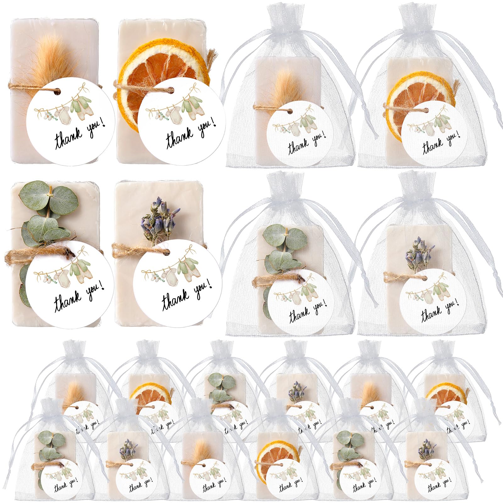 Photo 1 of Leelosp 24 Sets Mini Eucalyptus Soap Favors Soap Thank You Gifts with Cards Organza Bags Handmade Neutral Gifts for Baby Shower Bridal Shower Birthday Wedding Party Favors Guest Prize Souvenirs