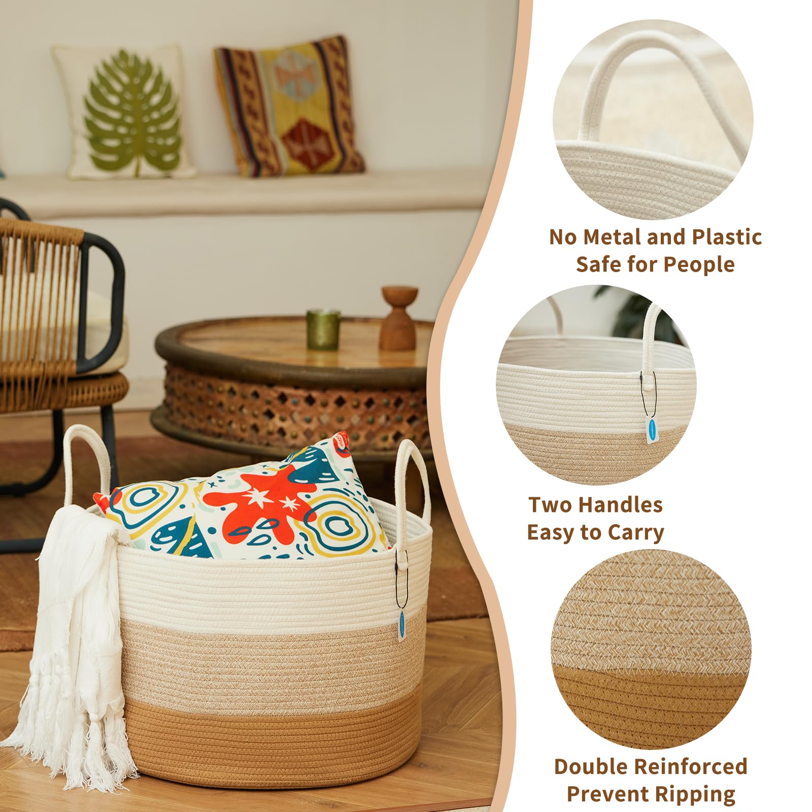 Blanket Basket, Storage Basket, Laundry Basket, 20”*20”*13”, Blanket Basket, Cotton Rope Basket, Laundry Hamper,Blanket Storage for Living Room (White & Gradient Brown