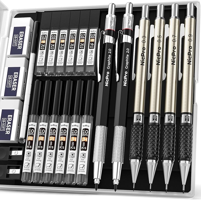 Nicpro 6PCS Art Mechanical Pencil Set 0.3 0.5 0.7 0.9 mm Lead Holders 2mm