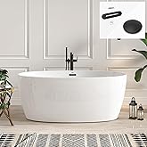 FerdY Tahiti 59" Acrylic Freestanding Bathtub, Elegant Oval Shape Soaking Bathtub, Glossy White, Matte Black Drain & Matte Bl