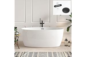 FerdY Tahiti 59" Acrylic Freestanding Bathtub, Elegant Oval Shape Soaking Bathtub, Glossy White, Matte Black Drain & Matte Black Overflow Assembly Included cUPC Certified