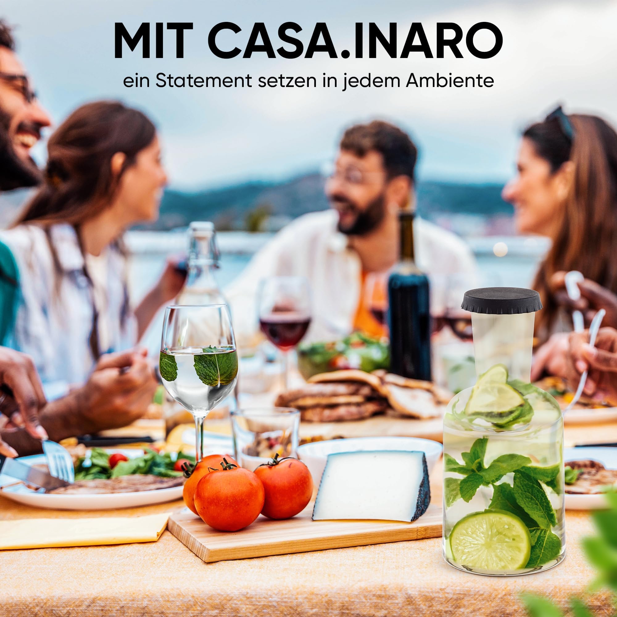 CASA.INARO® edle Glaskaraffe | Wasserkaraffe 1 Liter mit Glas | Wasserkrug | Tropfenfrei | Nachttisch [Karaffen Set mit Untersetzer & Deckel] Als Geschenk zum Geburtstag | Rauchglas grau/grün 6
