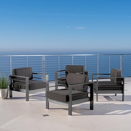 Amazon Com Christopher Knight Home Crested Bay Patio Furniture Outdoor Grey Aluminum Club Chairs With Dark Grey Water Resistant Cushions Set Of 4 Garden Outdoor
