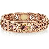 1928 Jewelry Manor House Rose Purple Crystal Flower Stretch Bracelet, Romantic Roses Vintage Victorian Inspired Aesthetic, Rose Gold Tone, Made In USA