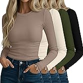 Neer 4 Pack Women's Ribbed Long Sleeve Shirts, Cotton Crew Neck Slim Fit Tops Stretch Knit Casual Base Layer Basic Tee Shirts