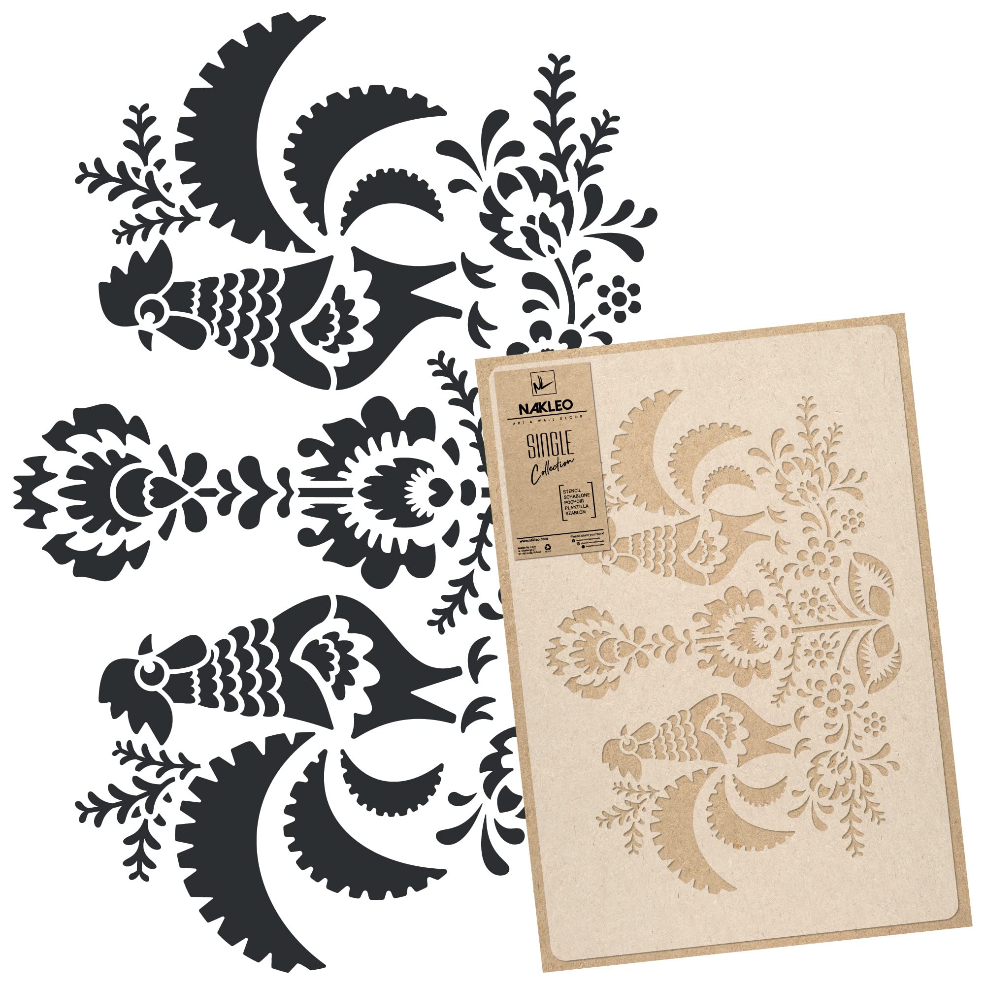 NAKLEO Large Wall Painting Stencil 43x64 cm, Polish Folk Rooster Ornament Pattern, Reusable Plastic Template, DIY Art and Craft Home Decor, Floor Wood Fabric Furniture