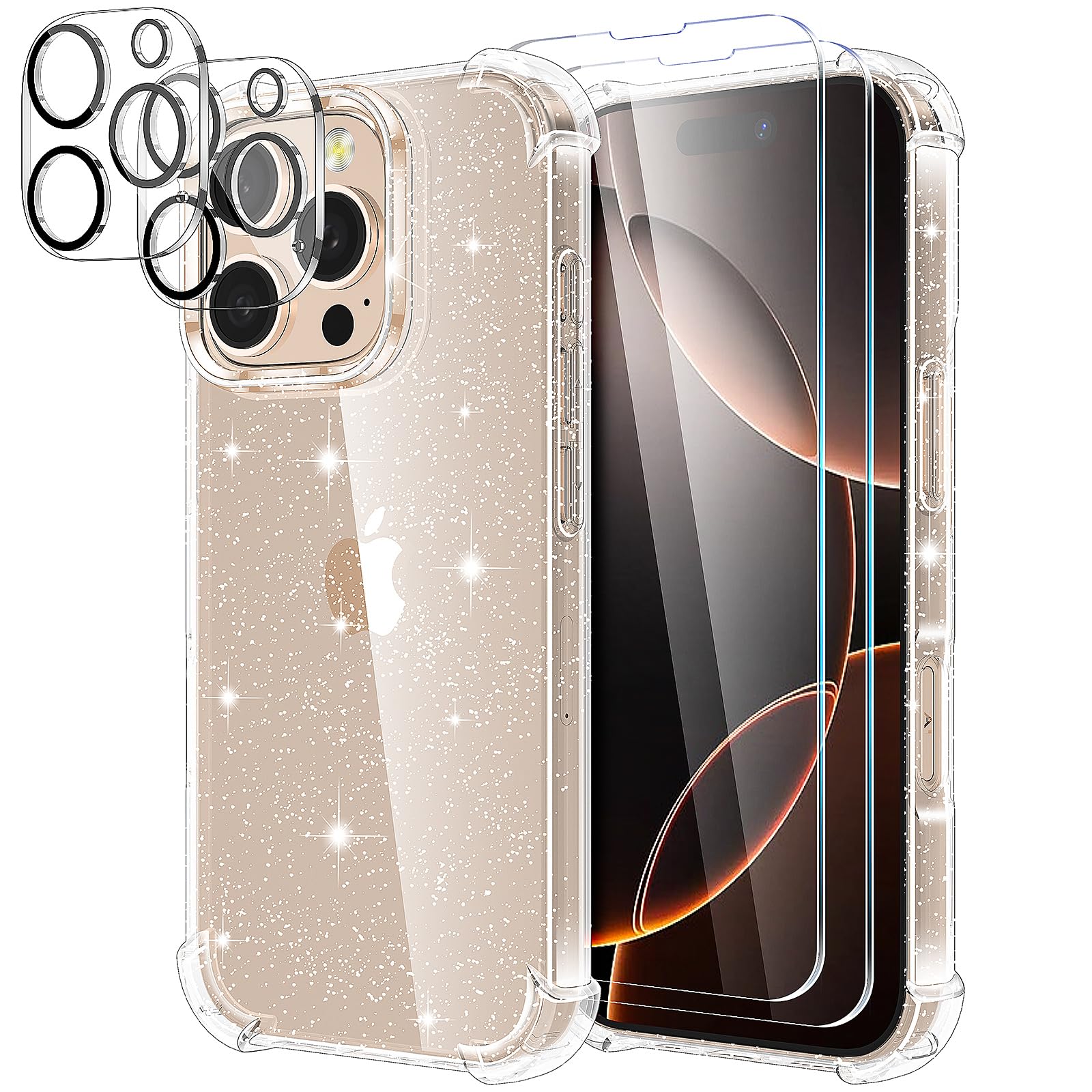 YIRSUR Glitter Case Compatible with iPhone 16 Pro Max with 2 Screen Protector and 2 Camera Lens Protector, Glitter Air Cushion Soft TPU Bumper Anti-Scratch Shockproof Sparkle for iPhone 16 Pro Max