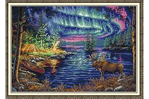 JOY SUNDAY Counted Cross Stitch Kits for Adults，cross stitch patterns Beginners Full Range of Cross-Stitch Stamped Kits Needle crafts for Home Wall Decor 14CT 2 Strands -Northern Lights(Printed) 21×15.7 inch