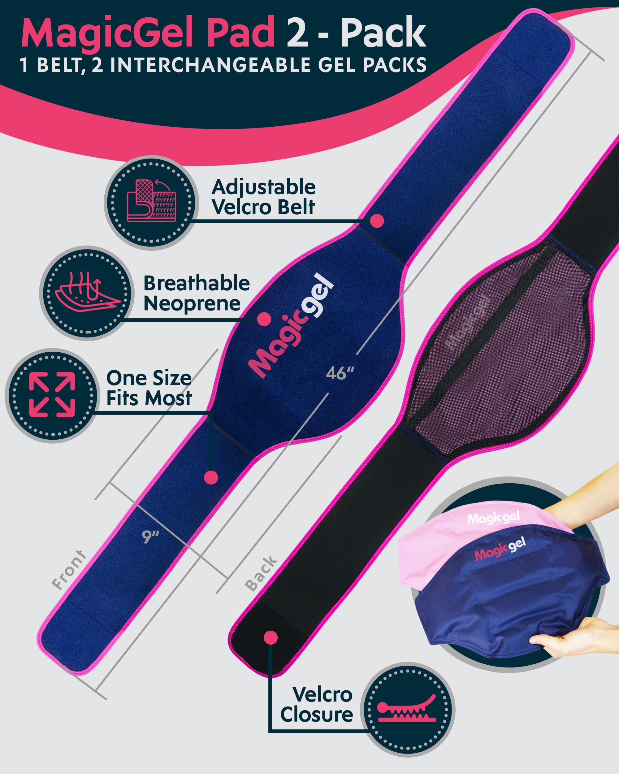 Magic Gel Ice Pack for Back Pain Relief | 2 Pack Reusable Lower Back Wrap for Hot or Cold Therapy | Relief for Lower Lumbar, Sciatic Nerve, Herniated or Degenerative Disc, Coccyx, Tailbone Pain