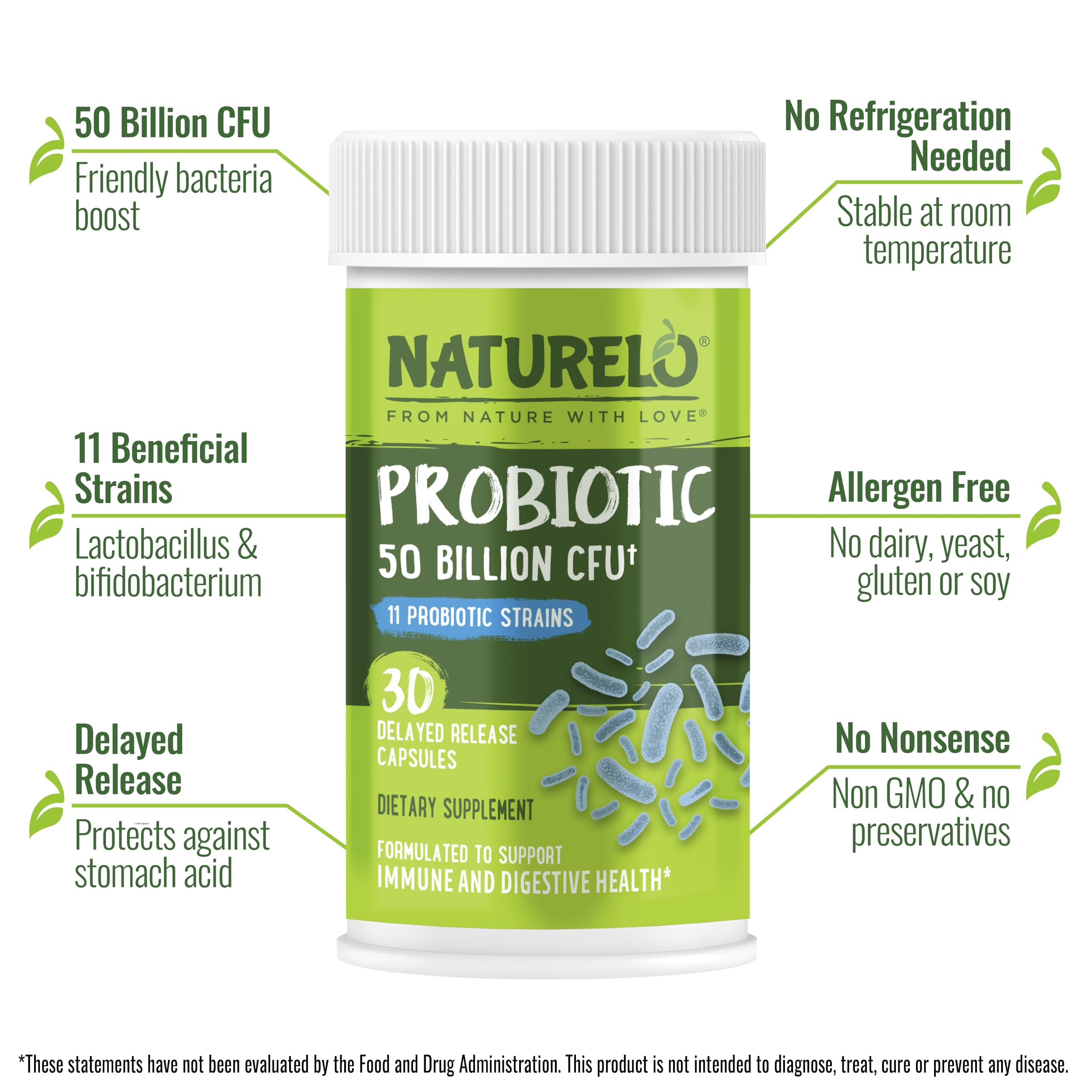 NATURELO Probiotics for Digestive Health - 50 Billion CFU, 11 Strains Daily Supplement - Boosts Immune System, Delayed Release, 30 Vegetarian Capsules