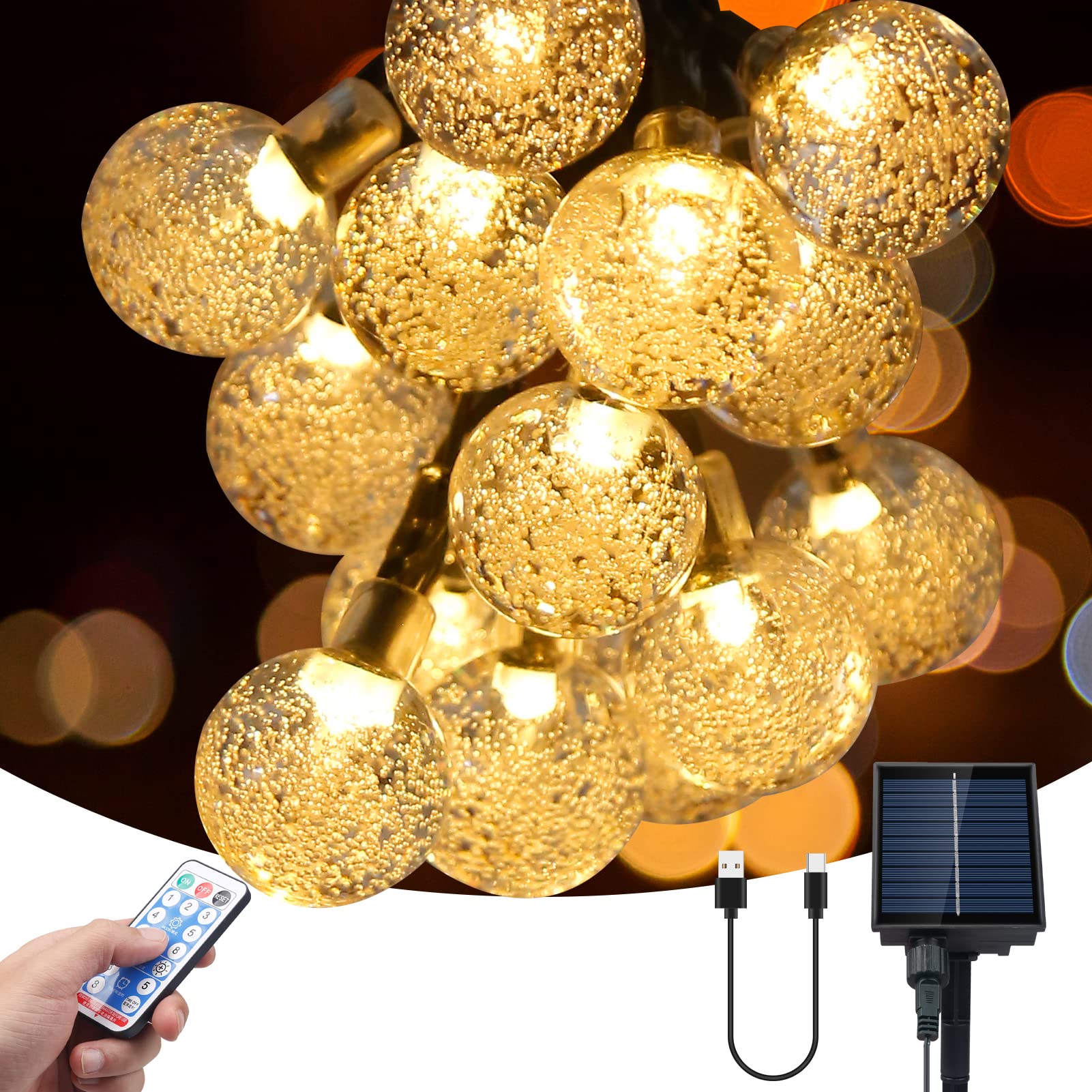 SHENKEY Solar String Lights, 60 LED Crystal Ball Fairy Lights with Remote Control, Solar/USB Powered, Waterproof for Indoor and Outdoor Decorations(Warm White)