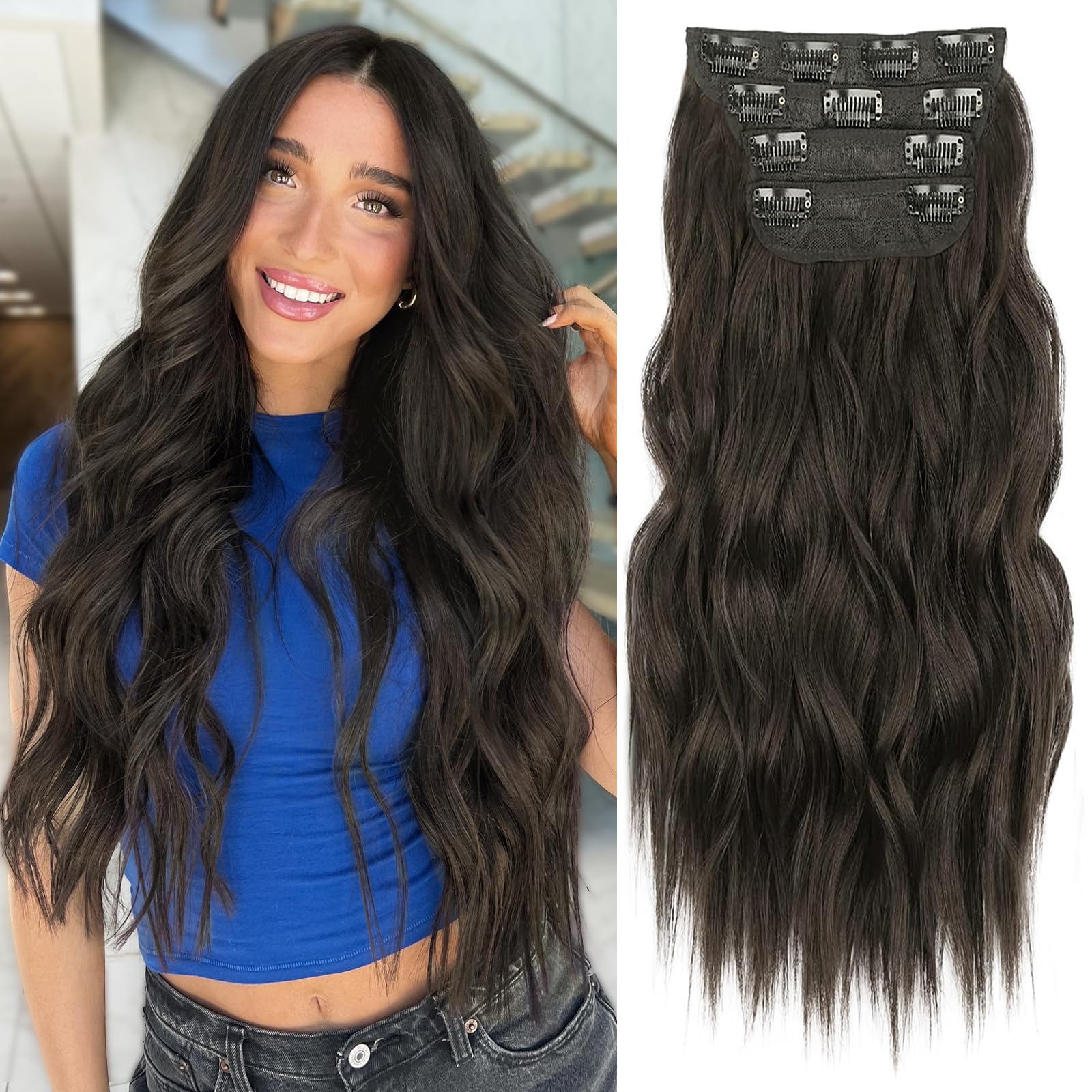 Photo 1 of ALXNAN Clip in Long Wavy Synthetic Hair Extension 20 Inch Dark Brown 4PCS Thick Hairpieces Fiber Double Weft Hair for Women