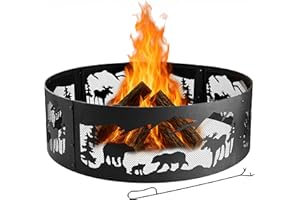 Cuisiland Outdoor Fire Pit Ring, 36 Inch Heavy-Duty Steel Fire Ring with Mountain & Wildlife Cutout, Wood Burning, for Backya