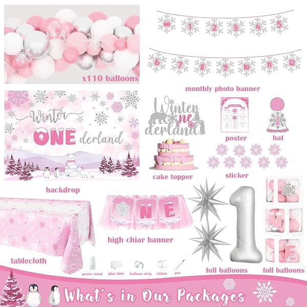 WINTER ONEDERLAND 1ST BIRTHDAY DECORATIONS GIRL,WINTER SNOWFLAKE 1ST BIRTHDAY PARTY SUPPLIES,WINTER WONDERLAND FIRST DÉCOR KIT,OUR LITTLE SNOWFLAKE IS TURNING ONE BALLOON GARLAND BANNER FOR 1ST GIRL