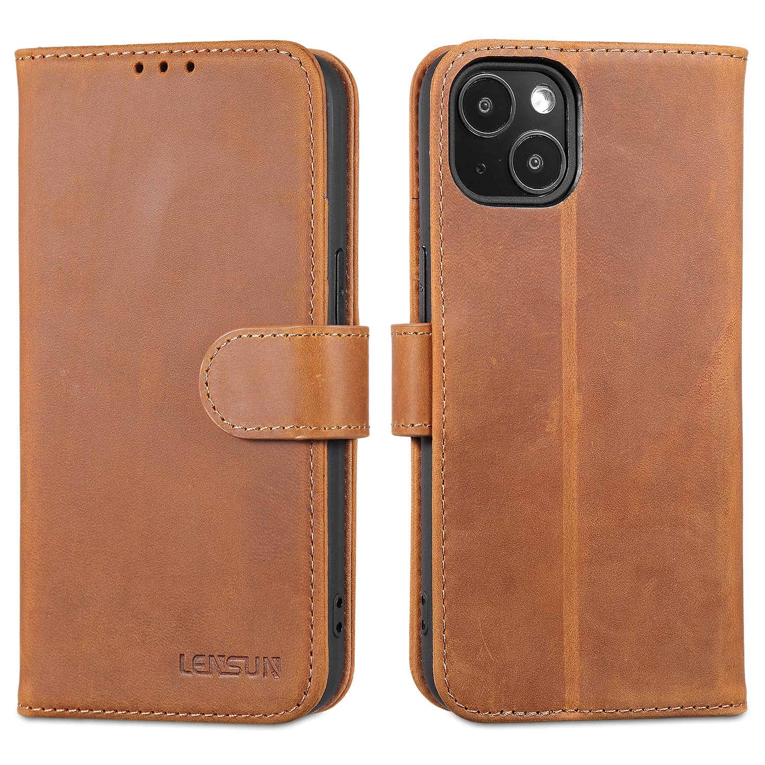 LENSUN Flip Case for iPhone 13, Genuine Leather Wallet Phone Cover [RFID Blocking] with Card Holder and Magnetic Closure Compatible with Apple iPhone 13 - Vintage Brown — image 1