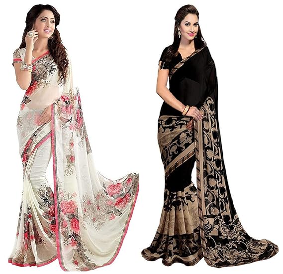 Womens Multi Color Georgette Printed With Blouse Piece Sarees (Pack of 2)(GEOR-CMB-026_Free Size)