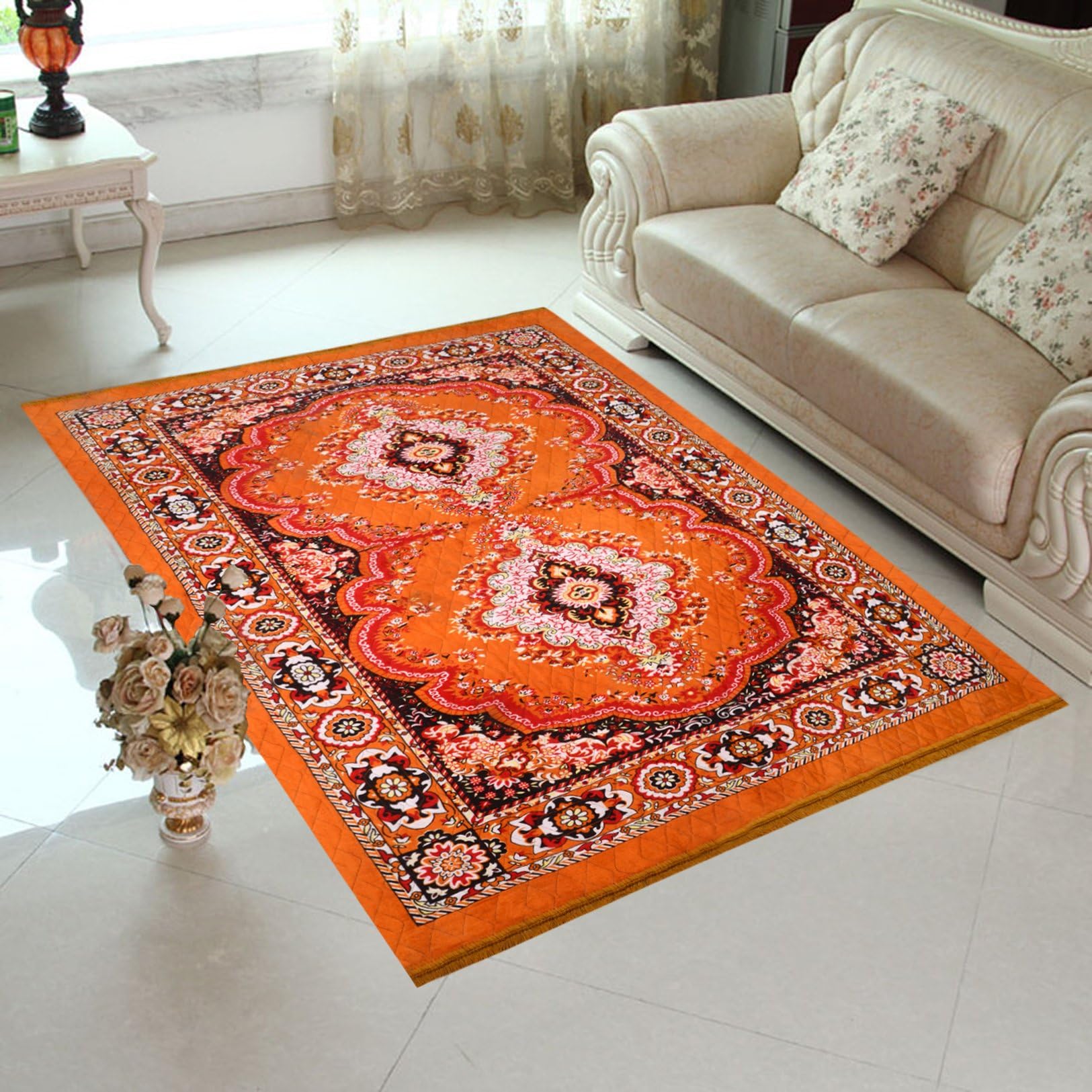 HOME ELITE Orange Colored Traditional Design Jute Filling Sheet Carpet (5 x7 feet)