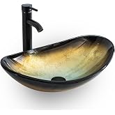 eclife 21.5" Bathroom Vessel Sink Modern Artistic Single Champagne Boat Tempered Glass Basin Countertop Bowl Sink for Lavatory Vanity Cabinet, W/Water Save Faucet Pop Up Drain (A29CH)