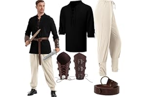 YUANTU 5 pcs Halloween Men's Renaissance Costume Set Viking Costume Medieval Pirate Shirt Ankle Banded Pants Belt Accessories