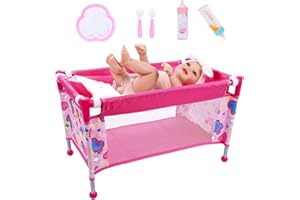 BABESIDE 7PCS Baby Doll Crib for 18'' Dolls, Baby Doll Bed with Storage Bag and Feeding Care Accessories Set , Toy Crib Doll Furniture for Girls Age 3+,Pack n Play Toy for Kids