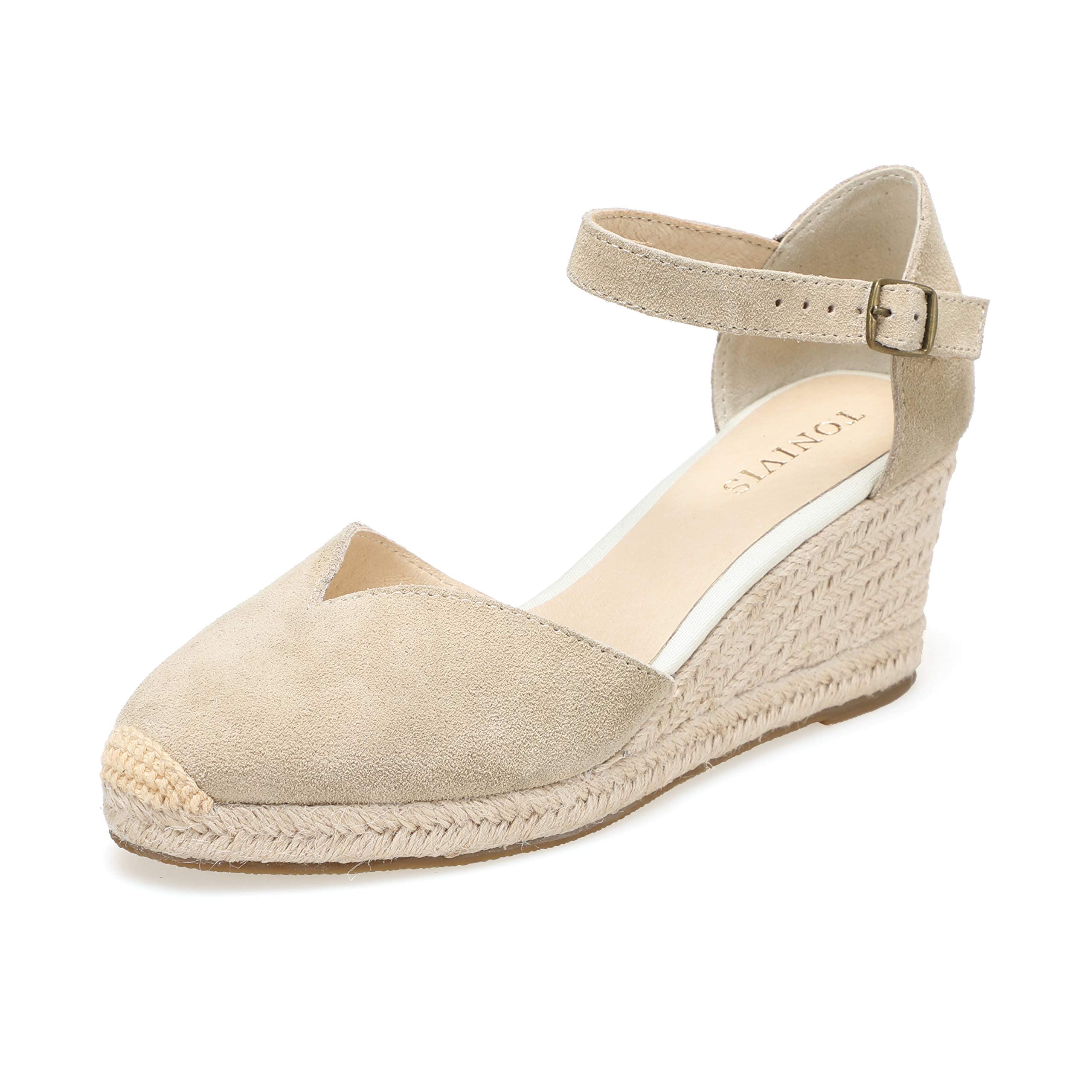 Photo 1 of TONIVIS Womens Wedge Sandals Ankle Strap, Cap Toe?Classic Espadrille Heel Shoes,beige,7.5