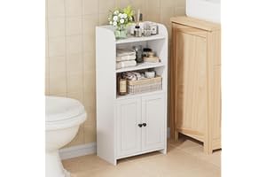 Homhedy Small Bathroom Storage Cabinet, Freestanding Toilet Paper Storage with 2 Doors and Shelves, Bathroom Organizers and Storage for Small Spaces, Laundry Room, 7.9" D x 14.6" W x 31" H, White