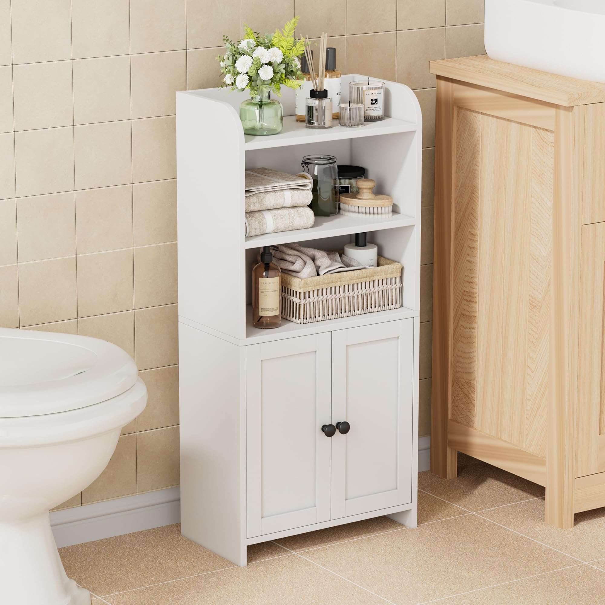 Photo 1 of Homhedy Small Bathroom Storage Cabinet, Freestanding Toilet Paper Storage with 2 Doors and Shelves, Bathroom Organizers and Storage for Small Spaces, Laundry Room, 7.9" D x 14.6" W x 31" H, White