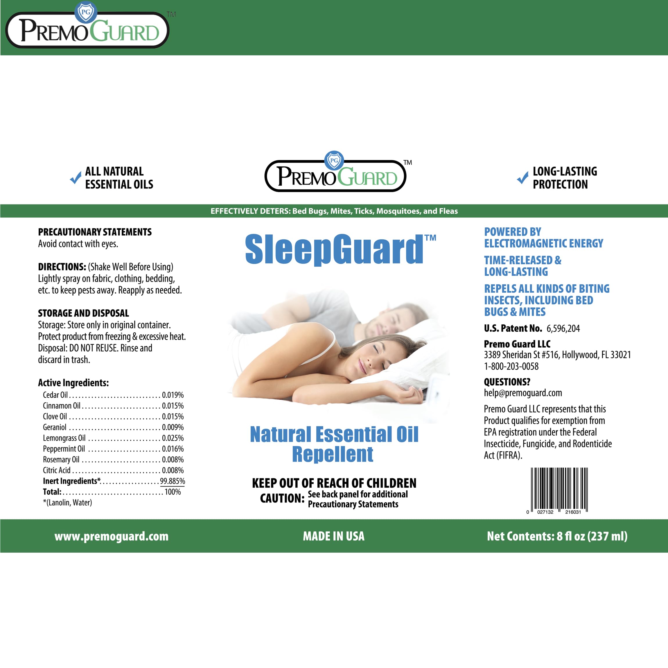 Sleep Guard by Premo Guard 8 oz – Bed Bug, Mite, Tick, Mosquito, and Insect Repellant Spray – DEET Free Natural Essential Oils – 100% Effective – Best Protection for Restful Sleep – Pet & Family Safe