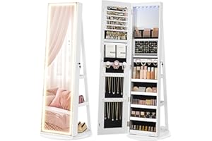 SONGMICS LED Jewelry Cabinet Standing, Lockable Armoire With Full-Length Mirror and Adjustable Lights, Space-Saving Organizer, Gift Idea, Cloud White UJJC008W01